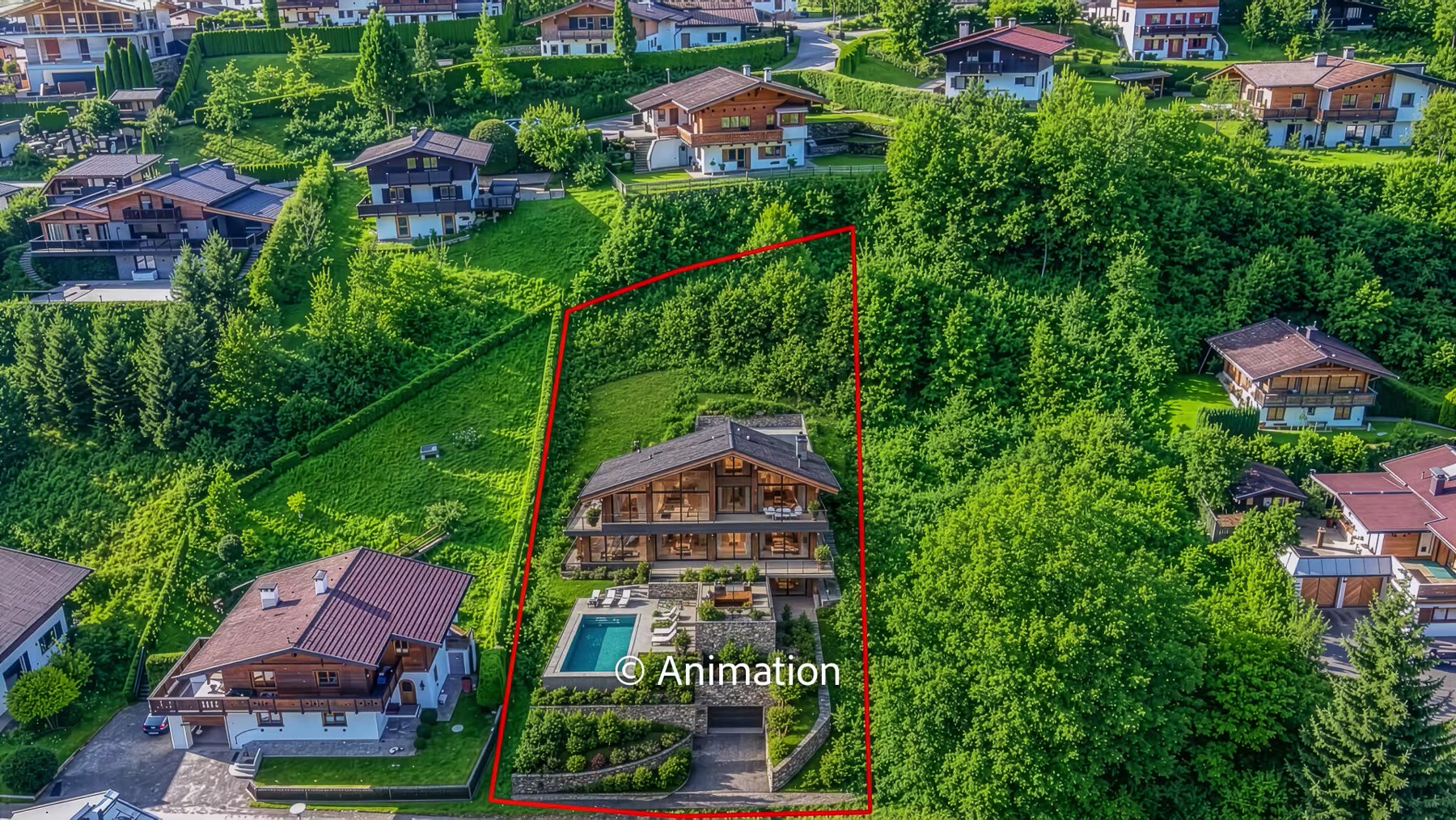 Visualisierung: Chalet mit Pool und Terrassen, eingepasst in die eingezeichnete Grundstücksgrenze, aus der Vogelperspektive