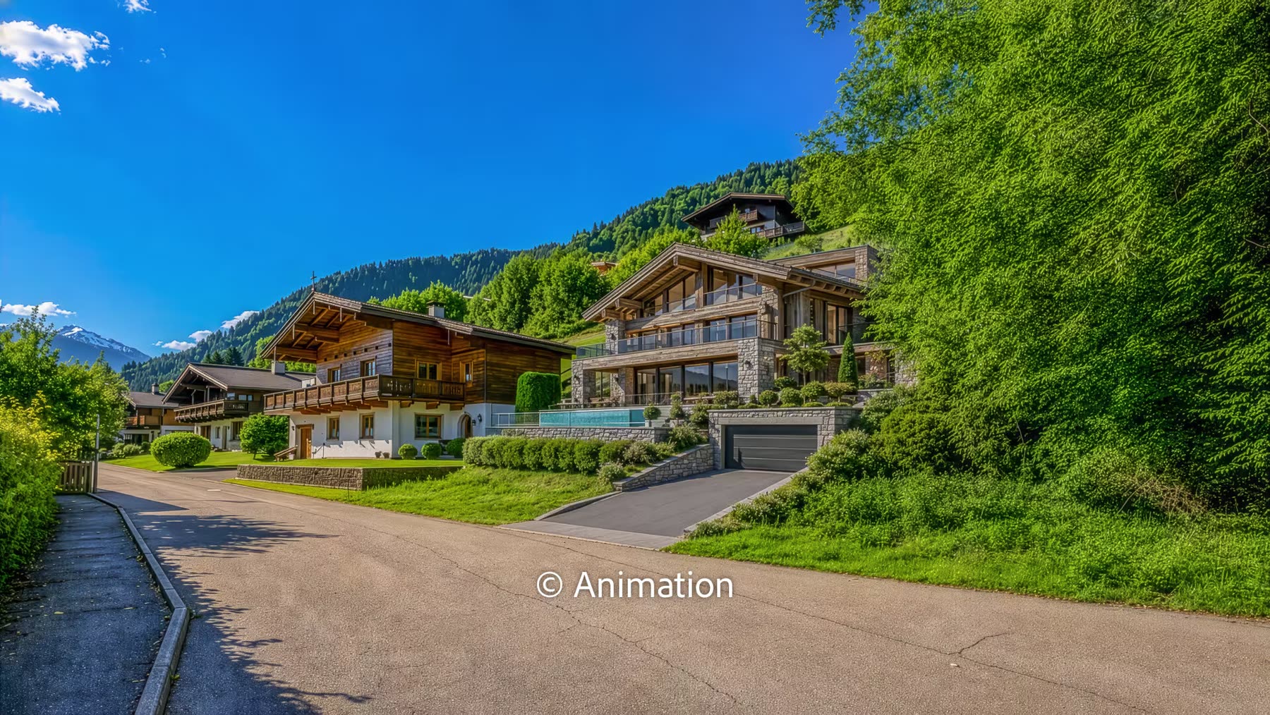Visualisierung: Ansicht des Chalets von der Anliegerstraße mit Tiefgaragenzufahrt